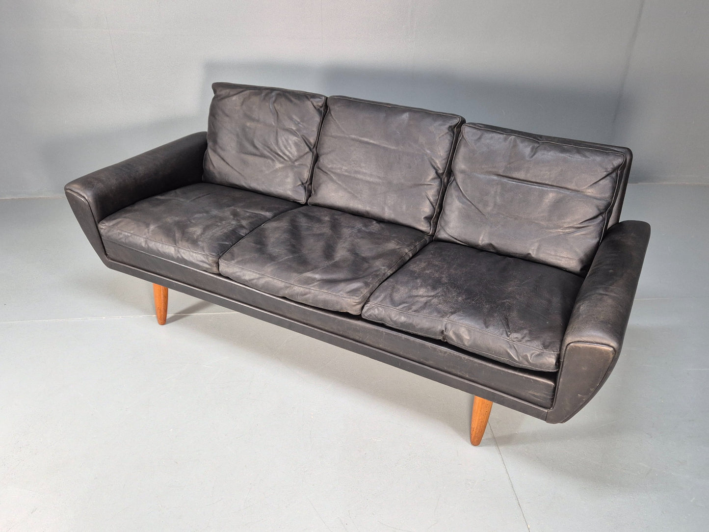 Vintage 3 Seater Black Leather Sofa 1960s Danish Thams Retro MCM EB09926