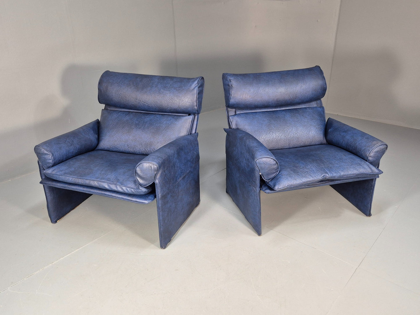 Vintage Saporiti Italian Lounge Chairs Pair Blue Vinyl Retro EB9844