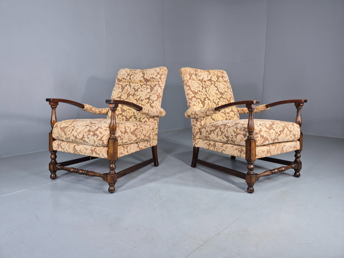 2 Utility Era Open Armed Lounge Chairs Wood Frames Floral Moquette 1940s EB12915