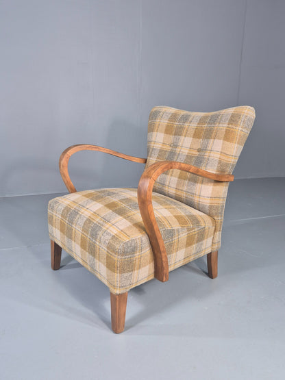 Vintage Danish Art Deco Open Armchair New Upholstery Snowshill Tartan EB12310