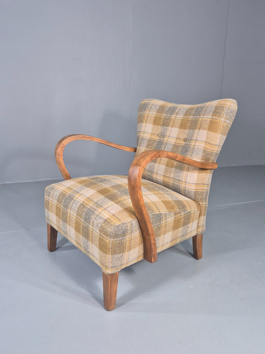 Vintage Danish Art Deco Open Armchair New Upholstery Snowshill Tartan EB12310