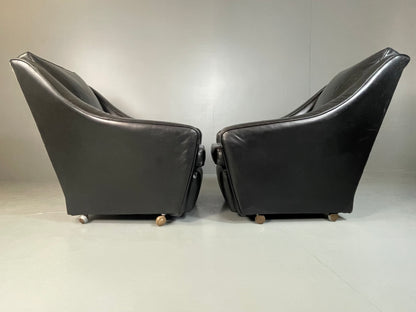 2 Vintage Mid Century Club Chairs Black Leather 1960s Retro EB04799