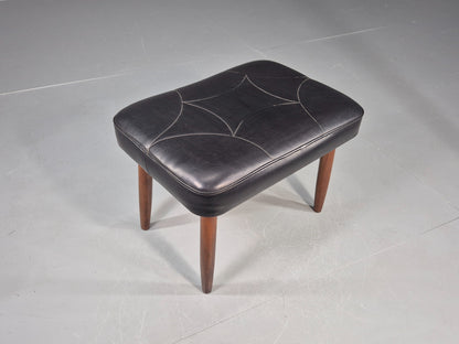 Vintage Mid Century Footstool Danish Black Vinyl Teak Legs 1960s Retro EB12012