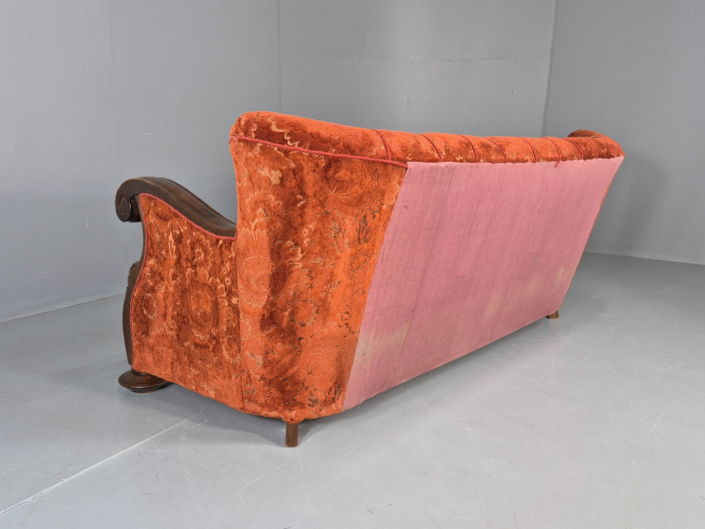 Vintage 3 Seat Sofa Danish Art Deco Era Carved Oak Frame Moquette Cloth EB12751