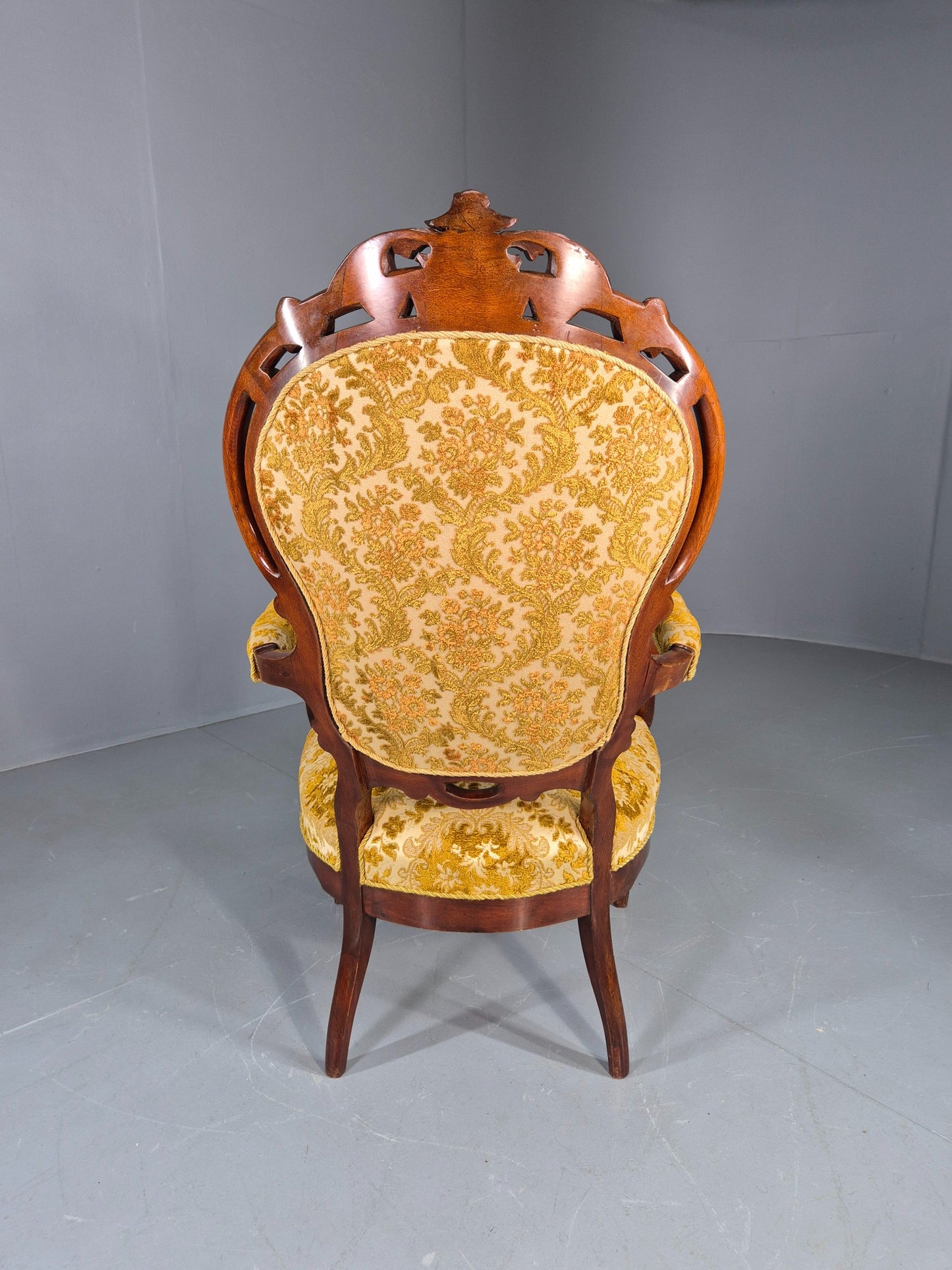 Antique Baroque Revival Arm Chair Carved Frame Gold Moquette Upholstery EB12740