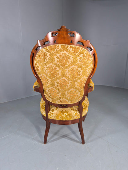 Antique Baroque Revival Arm Chair Carved Frame Gold Moquette Upholstery EB12740