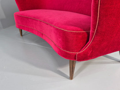 Vintage Danish Banana Sofa 3 Seater Red Velvet Velour 1950s Classic MCM EB12399