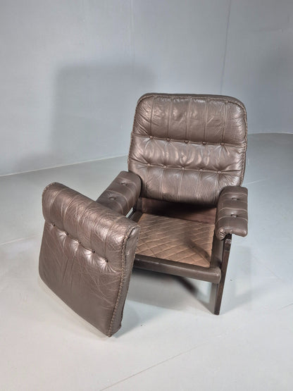 Vintage Mid Century Danish Leather Lounge Chair Stitched Detail Retro 70s EB8239