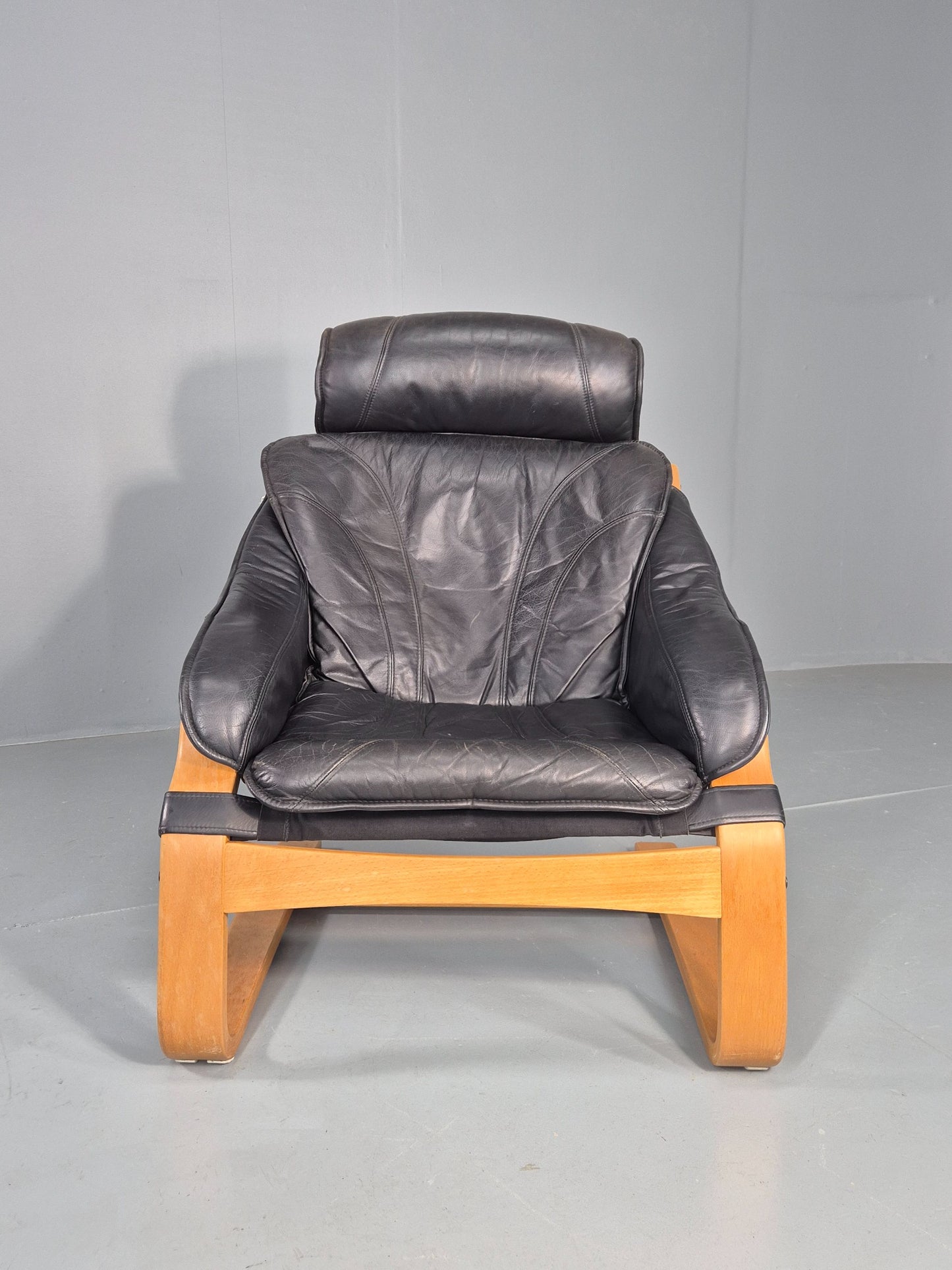 Vintage 1970s Leather Lounge Chair Bentwood Frame Danish Retro MCM EB08277
