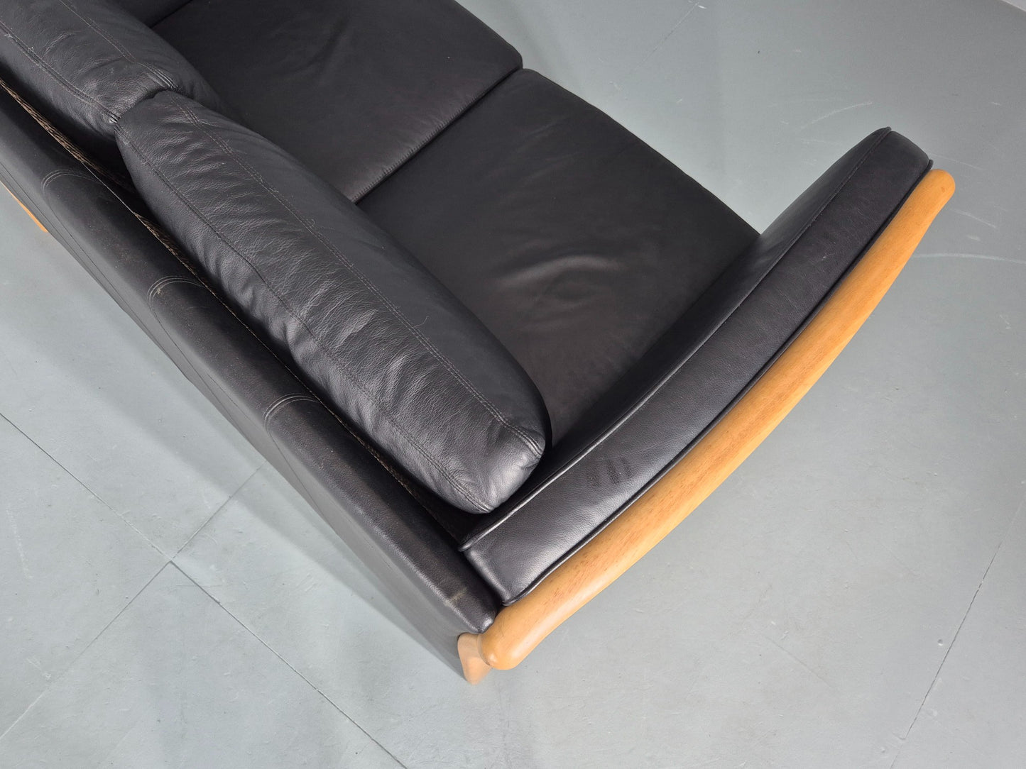 Vintage Stouby 2 Seater Sofa Beech Ends Black Leather 1990s Retro EB12421