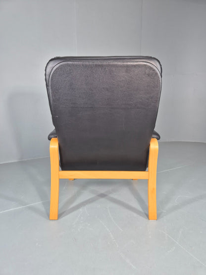 Vintage Danish Leather and Vinyl Lounge Chair Bent Wood Frame 80s Retro EB13076