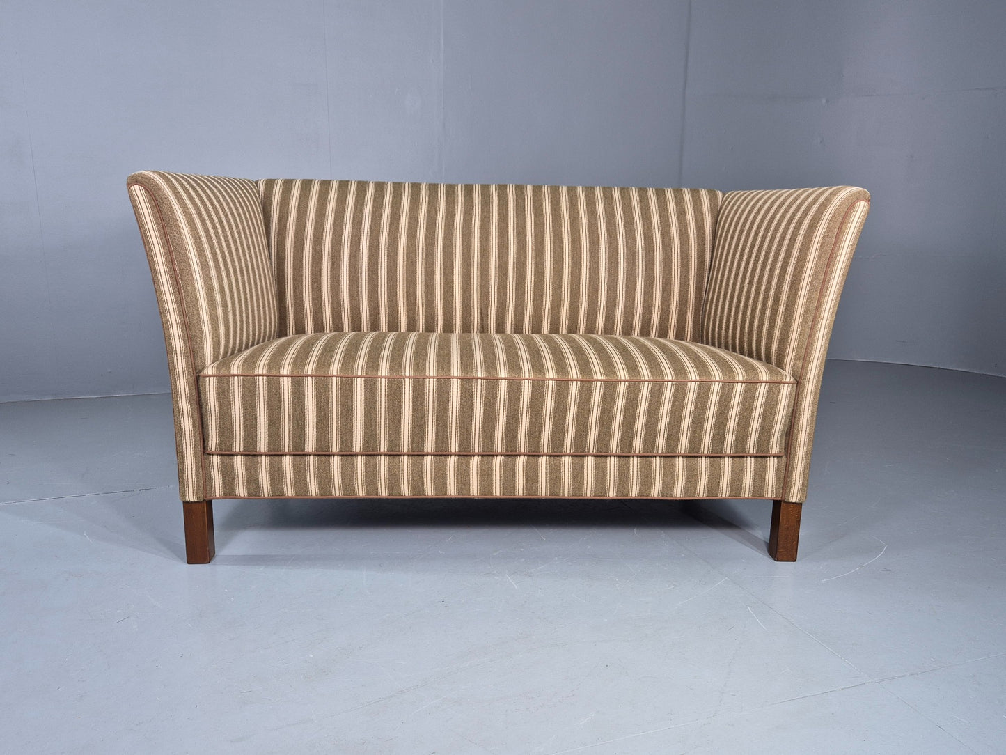 Vintage Danish Art Deco Style 2 Seater Sofa Green and Cream Wool Stripe EB12695
