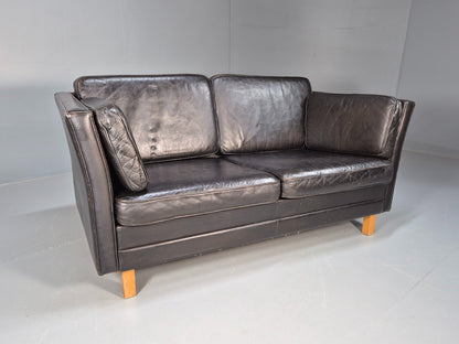 Vintage 2 seater sofa Danish Mid Century Black Leather Retro 1970s EB09407