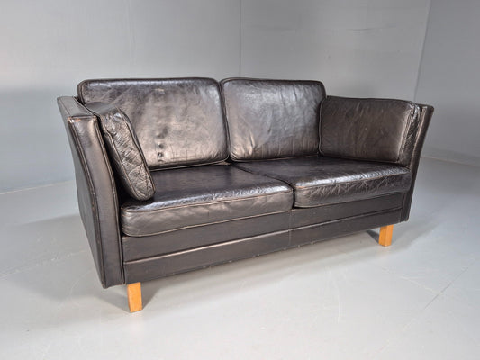 Vintage 2 seater sofa Danish Mid Century Black Leather Retro 1970s EB09407