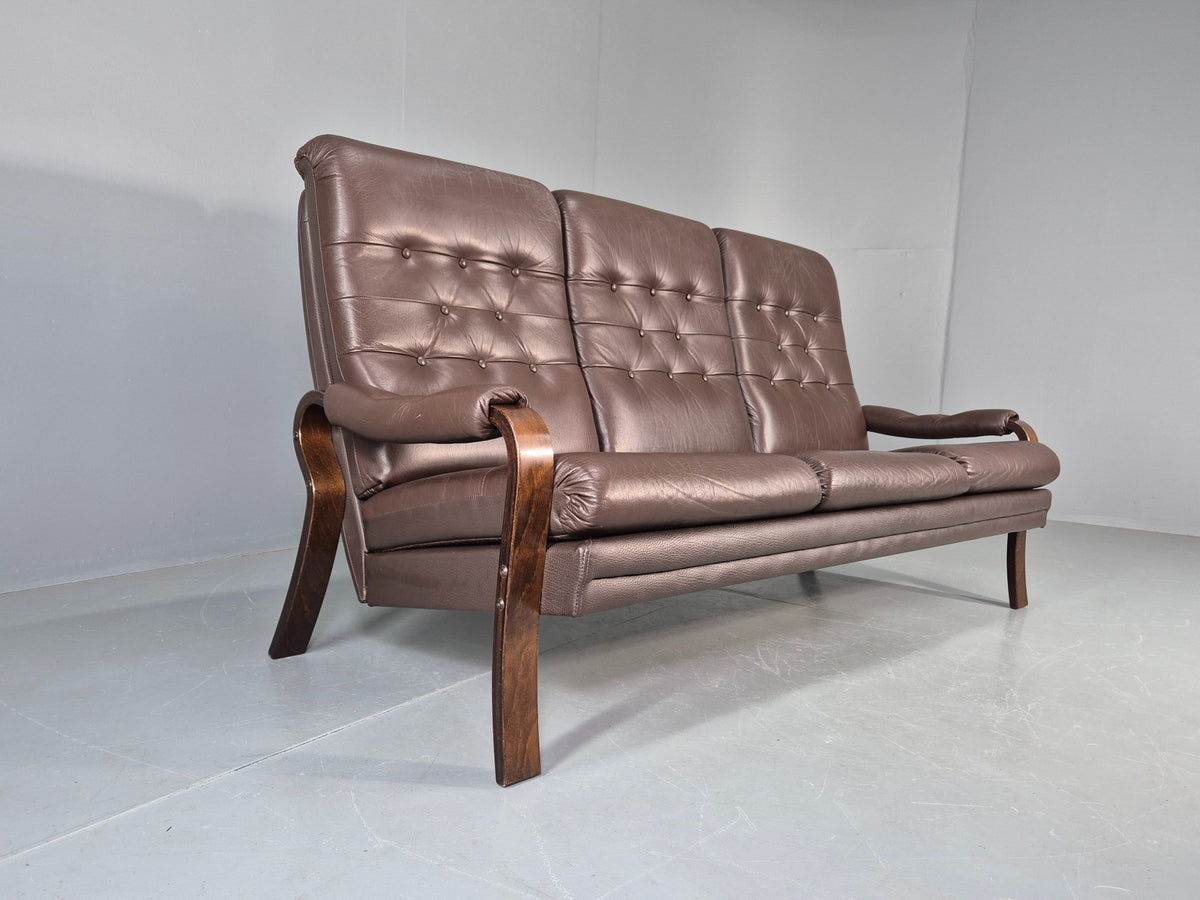 Vintage Danish 3 Seat Sofa Brown Leather Bentwood Frame 1980s Retro MCM EB13062