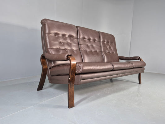 Vintage Danish 3 Seat Sofa Brown Leather Bentwood Frame 1980s Retro MCM EB13062