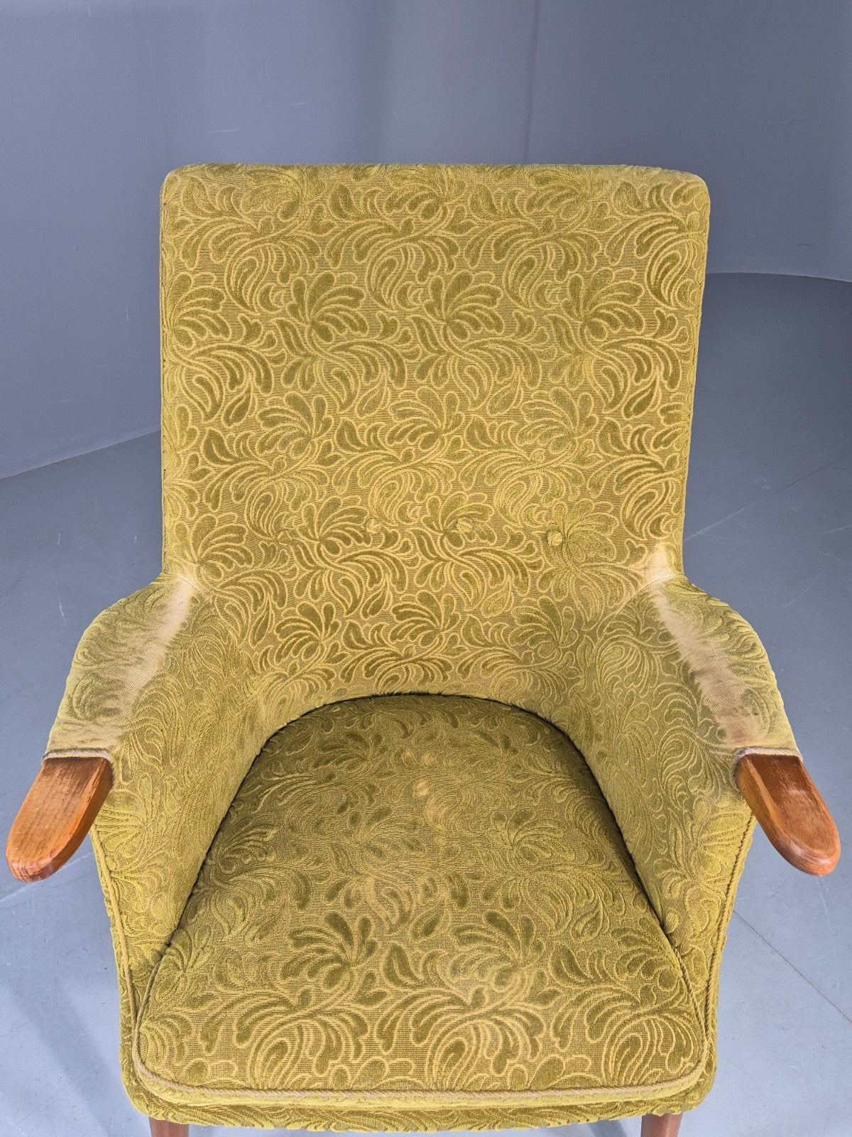 Vintage Danish Lounge Chair Green Floral Moquette Teak Detail MCM Retro EB13040