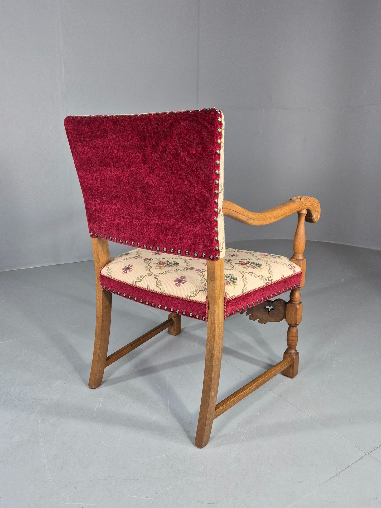 Vintage Danish Baroque Armchair Carved Oak Frame Tapestry Seat EB12113