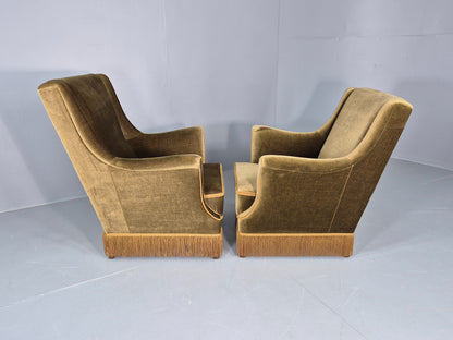 2 Midcentury Danish Lounge Chairs Green Velour Velvet Tassels 1960s EB12646