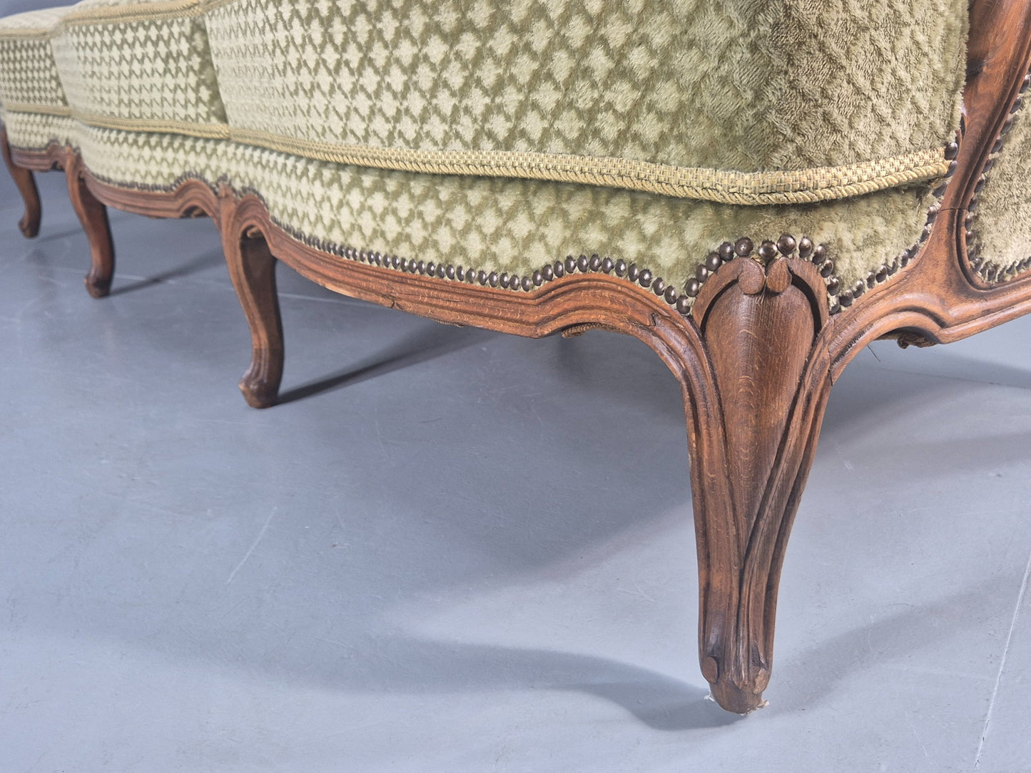 Vintage 3 Seater Sofa  Danish Rococo Style Carved Wood Green Velour  EB12705