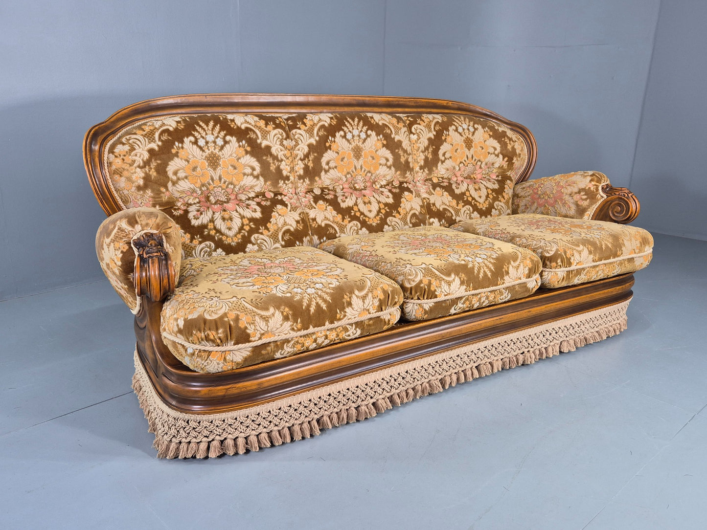 Vintage Danish 1970s 3 seater Sofa Gold Floral Upholstery Hardwood Frame EB12743