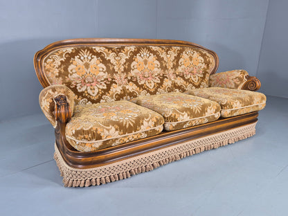 Vintage Danish 1970s 3 seater Sofa Gold Floral Upholstery Hardwood Frame EB12743