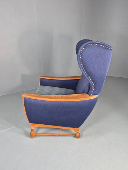 Vintage Danish Lounge Wing Chair Oak Frame Blue Wool 1970s  Retro MCM EB12771