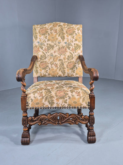 Vintage Baroque Style Armchair Carved Oak Frame 1950s Danish Antique EB12700