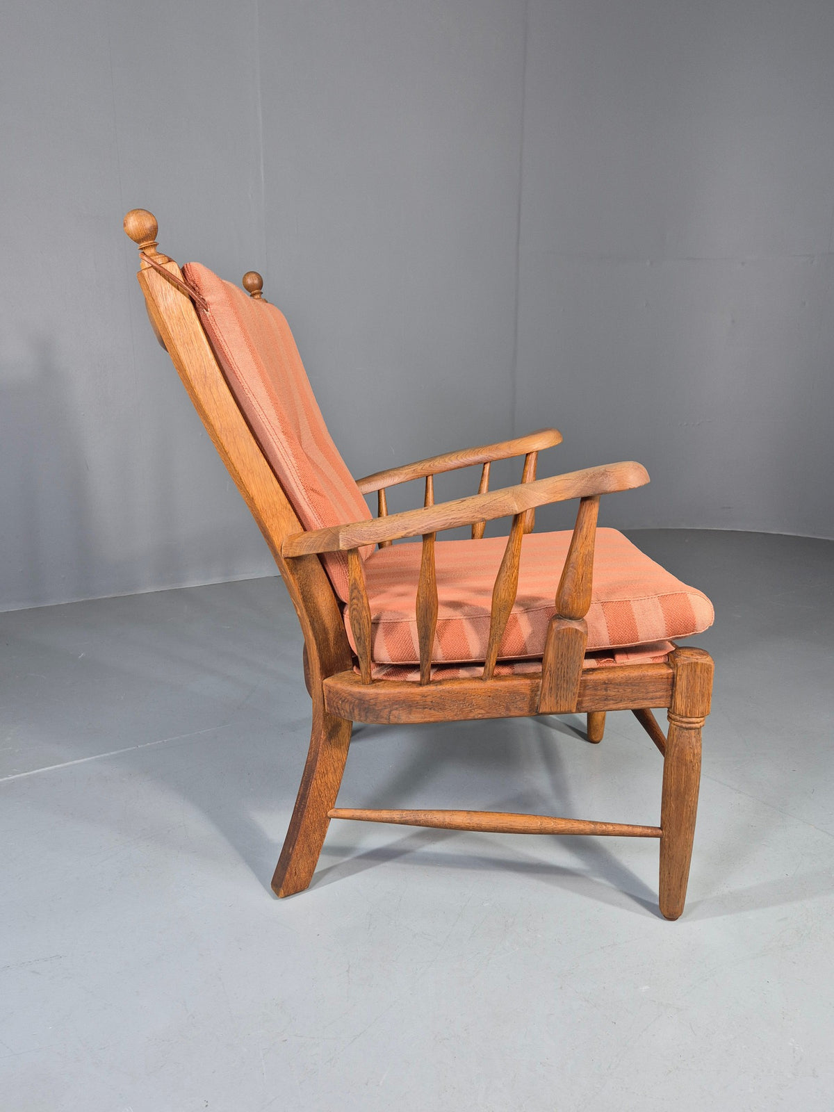Vintage Danish Oak Lounge Chair 1950s Cottage Style Pink Striped Cotton EB12708