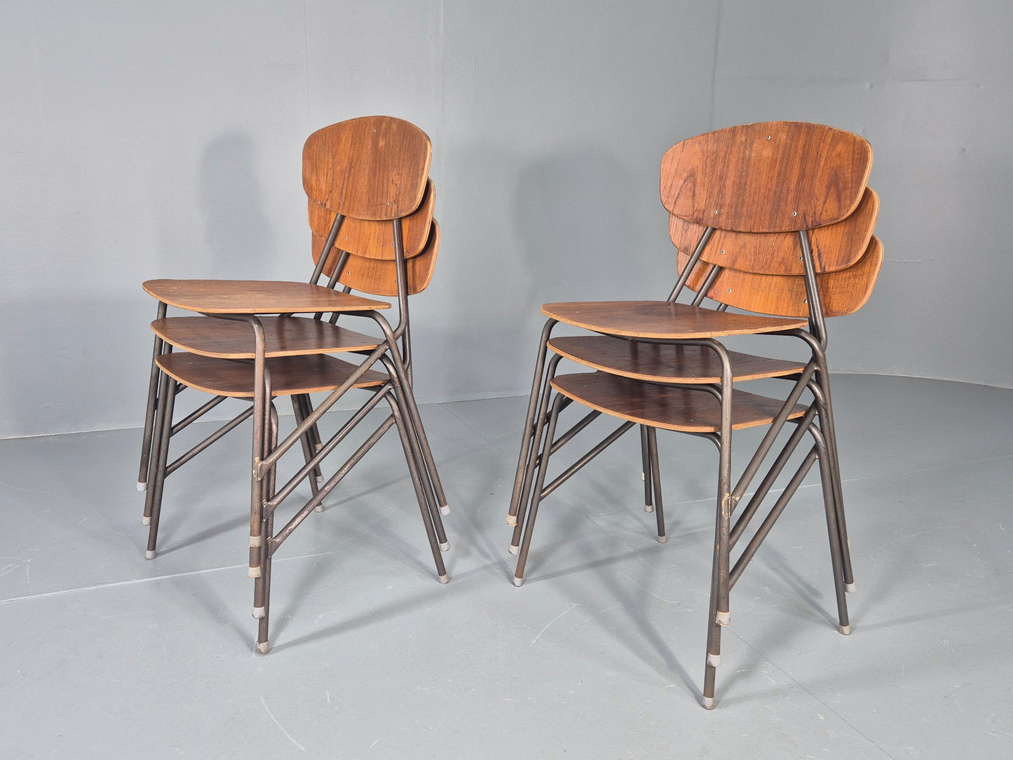 6 Vintage Danish Stacking Chair Industrial Steel and Teak Ply Retro MCM  EB12475