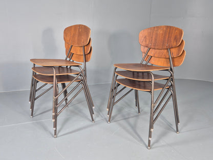 6 Vintage Danish Stacking Chair Industrial Steel and Teak Ply Retro MCM  EB12475