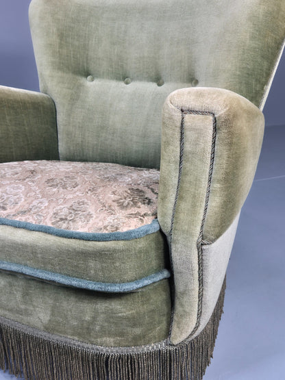 Vintage 1950s Armchair Danish Design Green Velour Tassels Art Deco EB12711