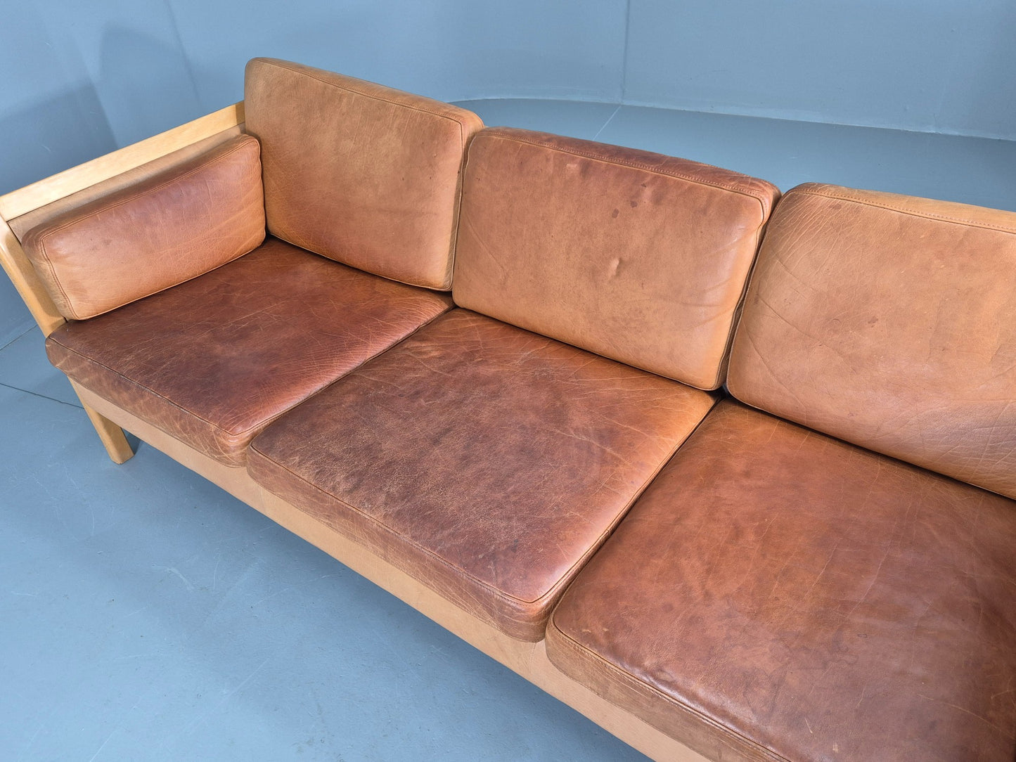 Vintage Stouby 3 seater Sofa Tan Leather 1980s Retro Mid Century Modern EB11610