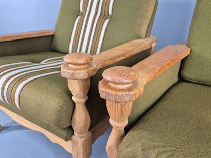 2 vintage Kjaernulf Armchairs with footstool Oak and Green Retro 1970s EB12778
