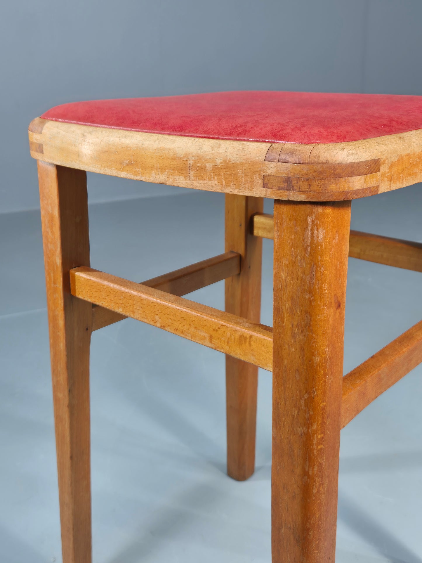 Vintage Kitchen Stool 1960s Retro Red Vinyl and Beech EB12531