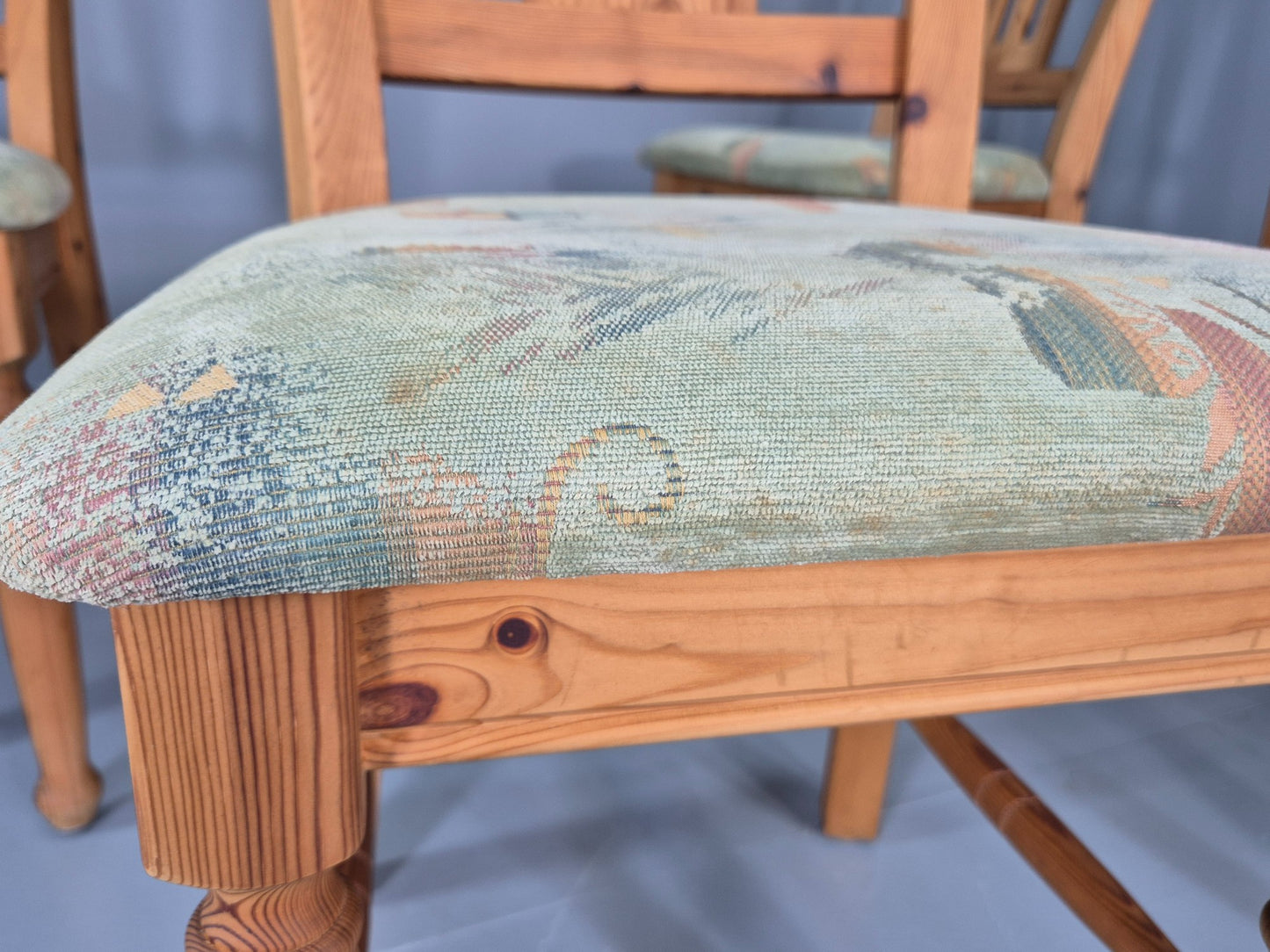 6 Vintage Danish Pine 1980s Dining Chairs Original Upholstery Retro EB12397