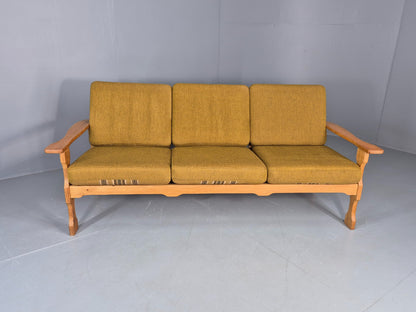 Vintage Danish 3 seater Sofa Oak Kjaenulf Green Cushions 1970s Retro EB12776