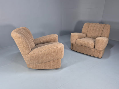 2 Vintage Art Deco Armchairs Beige Chenille Upholstery 1940s EB09684