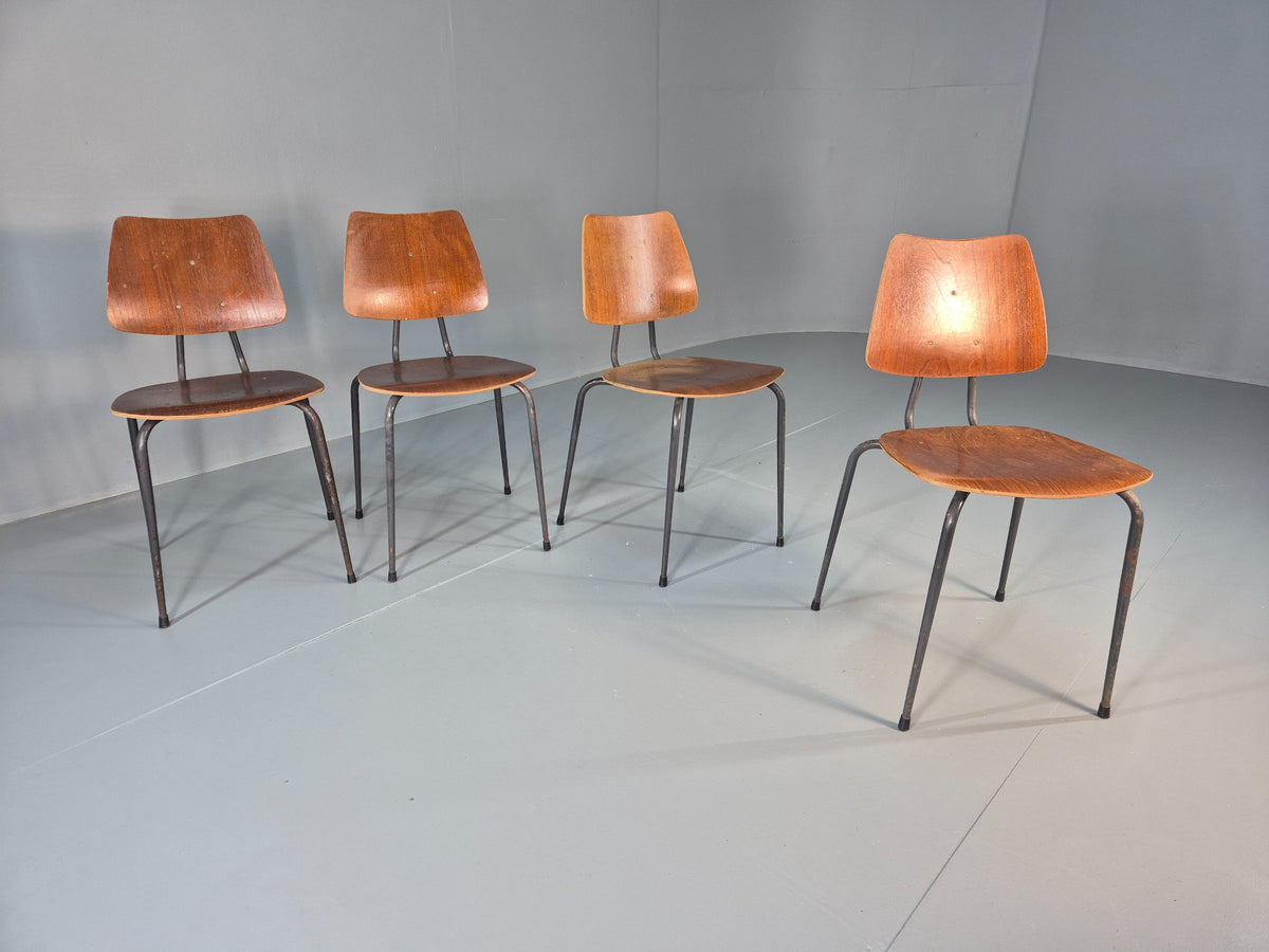 4 Vintage Danish Industrial Steel and Ply Stacking Chair 1960s Retro EB12655