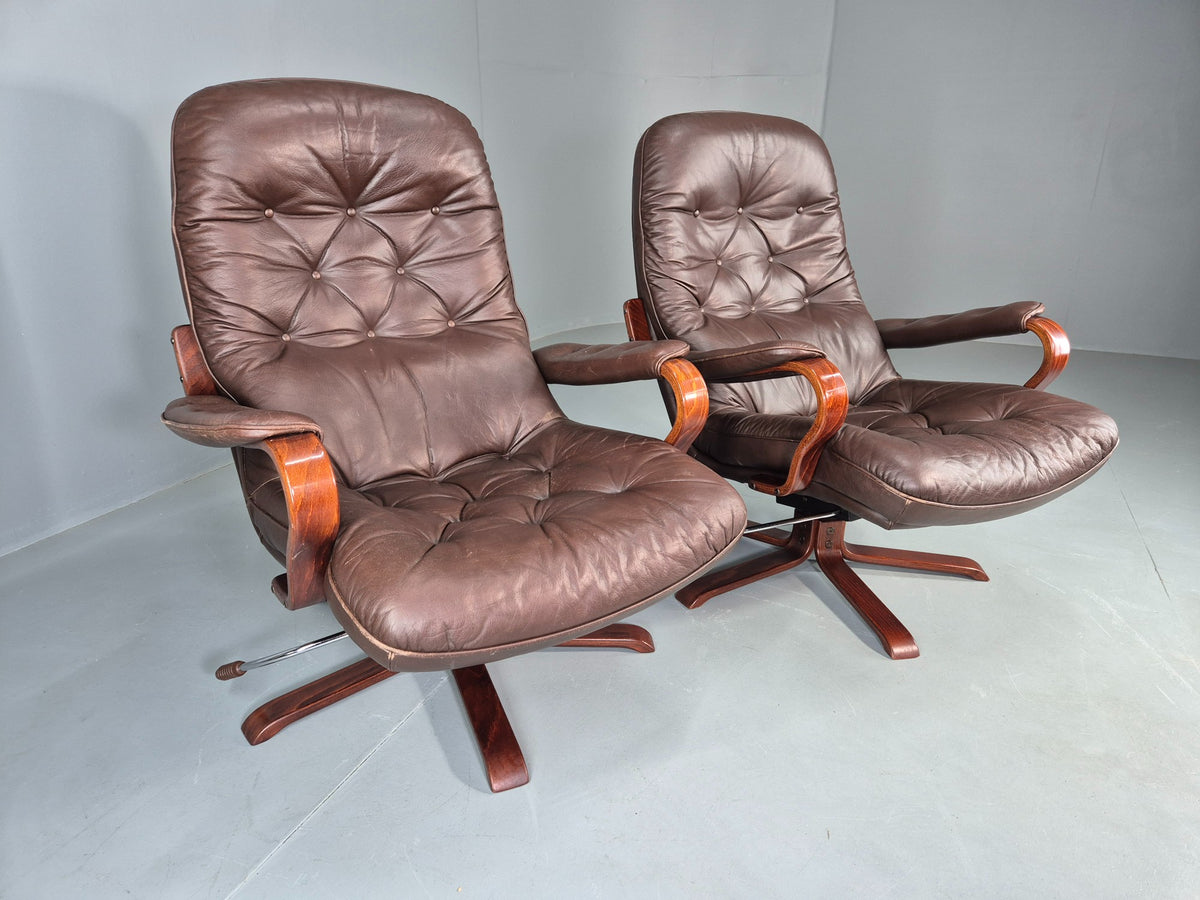 2 Vintage Danish Lounge Chairs Swivel Recline Leather Mid Century Retro EB13093