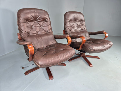 2 Vintage Danish Lounge Chairs Swivel Recline Leather Mid Century Retro EB13093