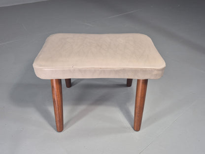 Vintage Mid Century Footstool Danish Cream Vinyl Teak Legs 1960s Retro EB12055
