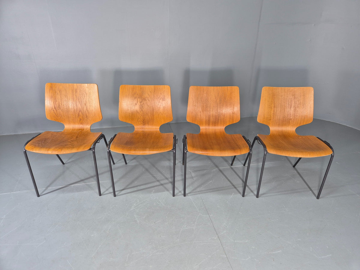 4 Vintage Stacking Chairs Industrial Danish Design Bent Ply Retro MCM EB12660