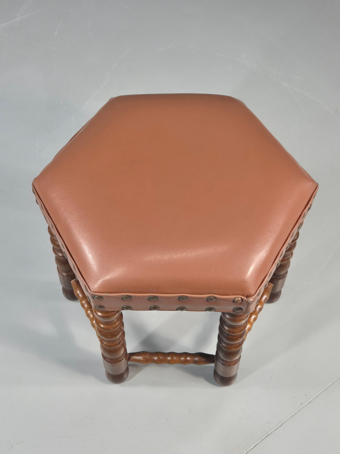 Vintage Stool Brown Vinyl Upholstery Oak Bobbin Turned Frame Hexagonal EB11306