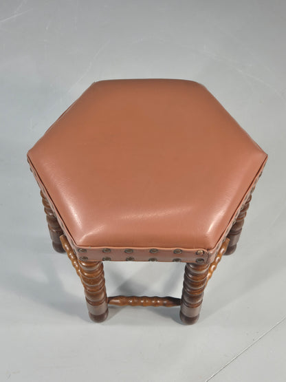 Vintage Stool Brown Vinyl Upholstery Oak Bobbin Turned Frame Hexagonal EB11306