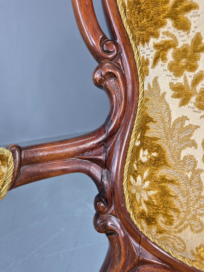 Antique Baroque Revival Arm Chair Carved Frame Gold Moquette Upholstery EB12740