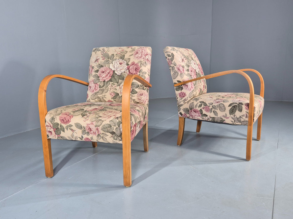 2 Vintage Danish Lounge Chairs 1950s Deco Bentwood Floral Print Retro EB12644