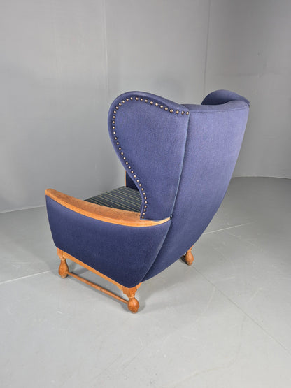 Vintage Danish Lounge Wing Chair Oak Frame Blue Wool 1970s  Retro MCM EB12771