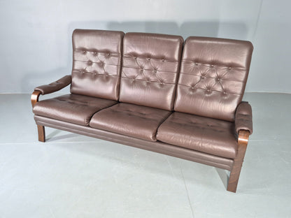 Vintage Danish 3 Seat Sofa Brown Leather Bentwood Frame 1980s Retro MCM EB13062