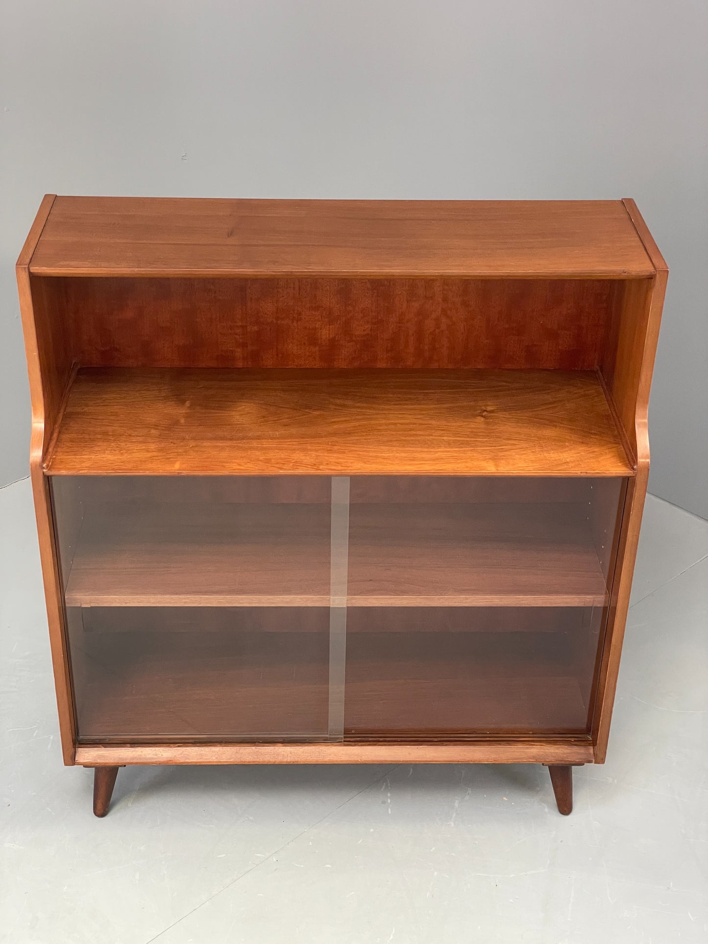 Vintage Bookcase Walnut 1960s Retro Midcentury Glass Doors Shelving EB12607